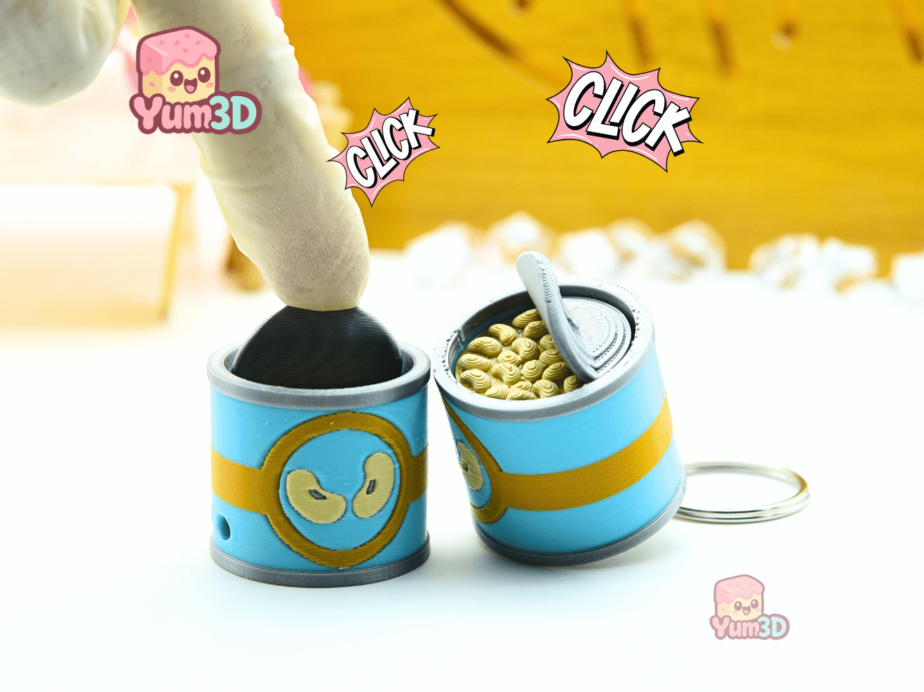 🫘 Yum3D Clicky Canned Beans Fidget Clicker Keychain - Cute